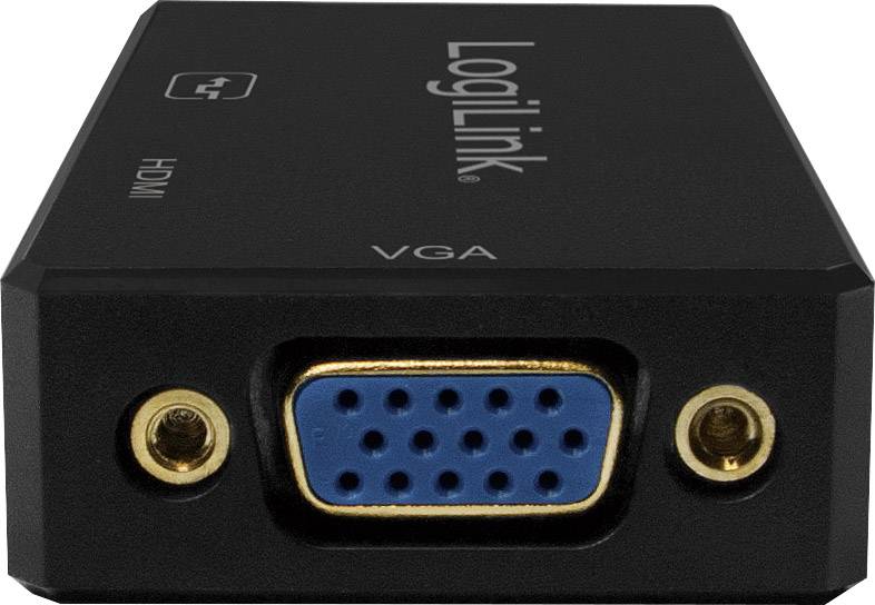 Černý HDMI-VGA adaptér s modrou VGA připojovací zásuvkou a nápisy 'HDMI' a 'VGA' na horní straně.