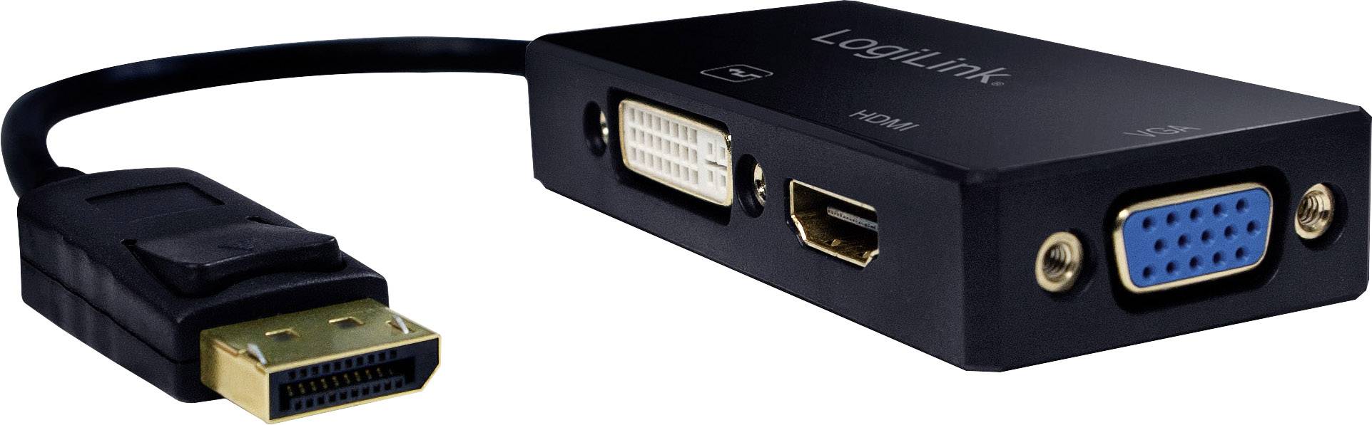 Adaptér DisplayPort s konektory pro DVI, HDMI a VGA pro připojení zařízení s různými video rozhraními.