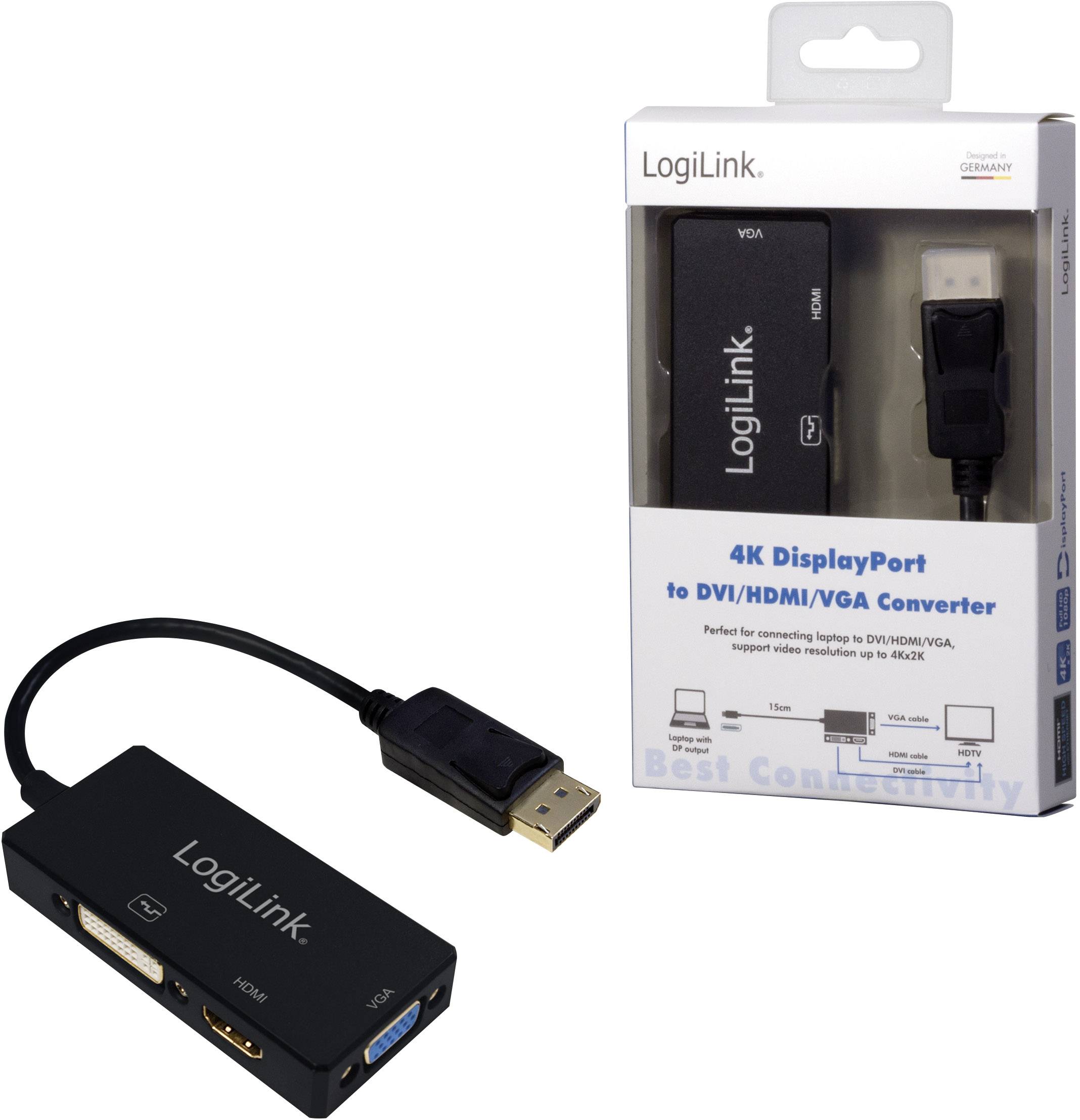 Adaptér DisplayPort na DVI/HDMI/VGA od společnosti LogiLink s obalem. Použitelný pro připojení k různým videoportům.