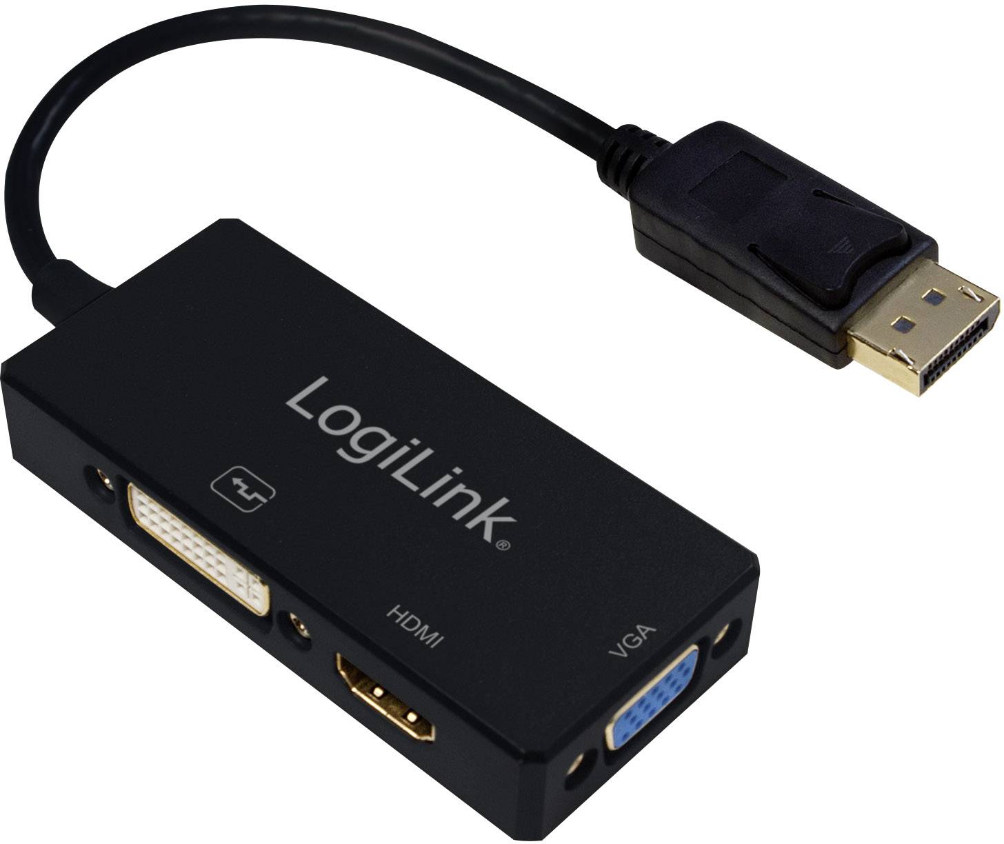 Černý adaptér s logem 'LogiLink' propojuje DisplayPort se třemi výstupy: DVI, HDMI a VGA.