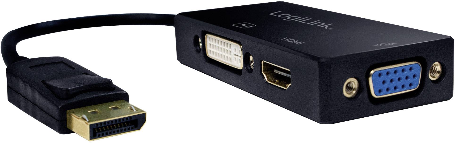 Adaptérový kabel s konektorem DisplayPort, který umožňuje připojení k DVI, HDMI a VGA portům. Určeno pro propojení různých zobrazovacích zařízení.