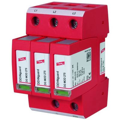 Červená ochrana proti přepětí se třemi moduly, každý s označením 'DEHNguard DG MOD 275'. Použitelná v elektrických systémech.