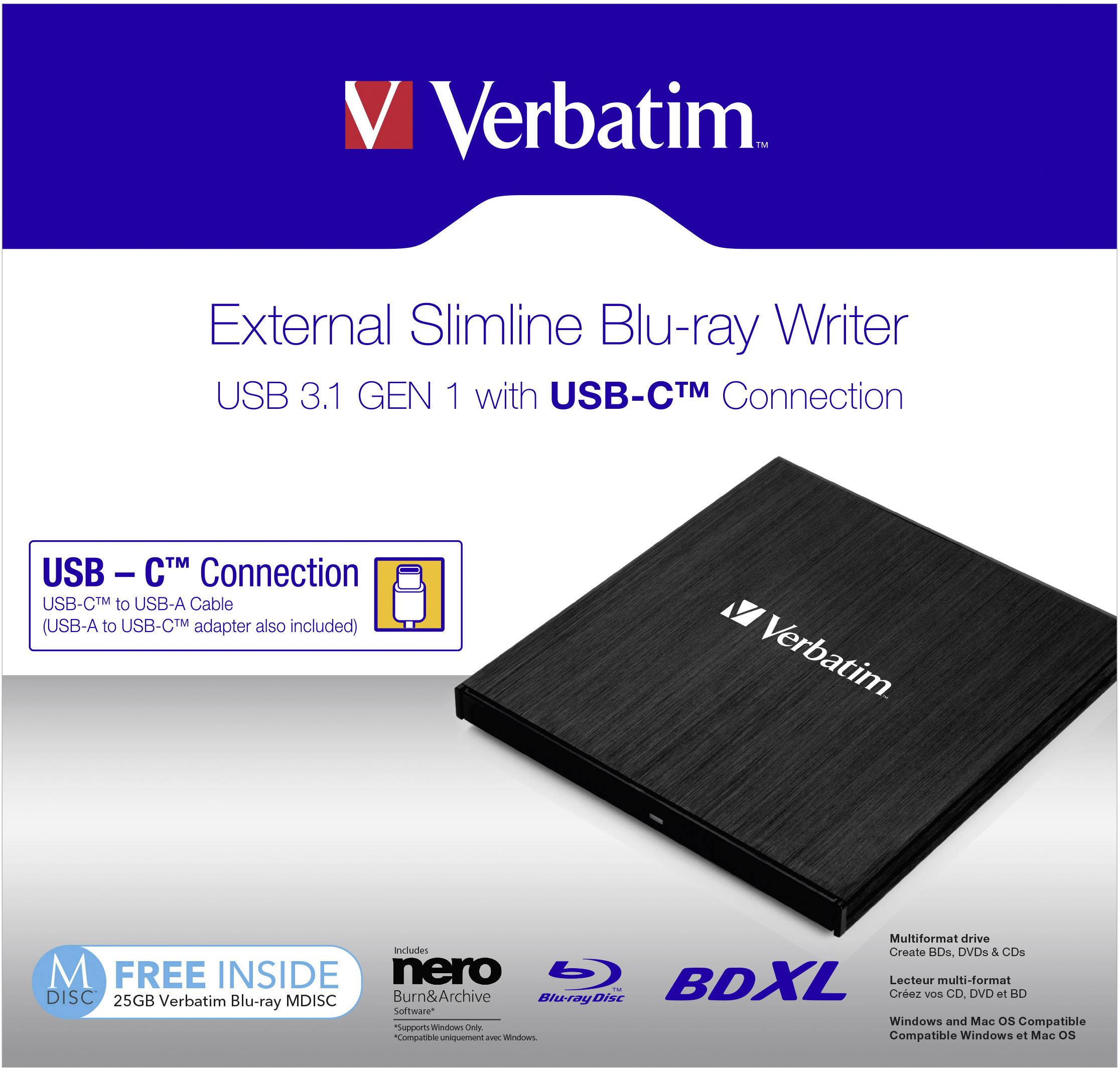 Externí slimline Blu-ray vypalovačka od Verbatimu s rozhraním USB 3.1 GEN 1 a konektorem USB-C. Obsahuje 25GB Verbatim BD-R a software Nero.