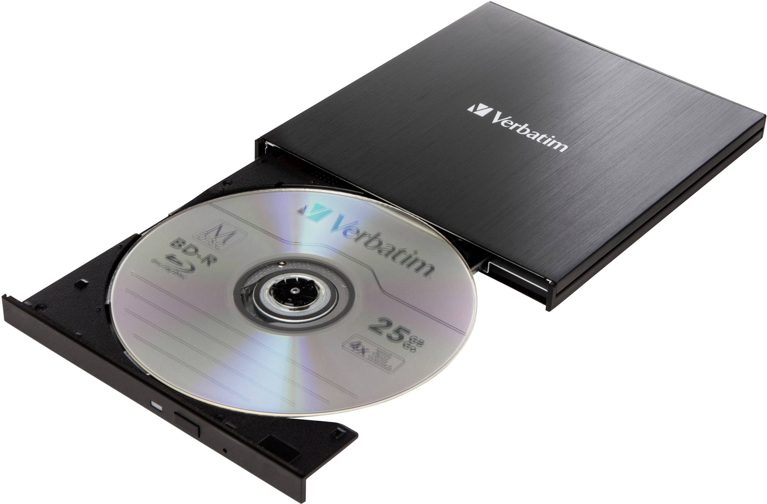 Externí CD/DVD mechanika od Verbatimu s vloženým diskem. Disk zobrazuje popis jako 'BD-R 25 GB'.
