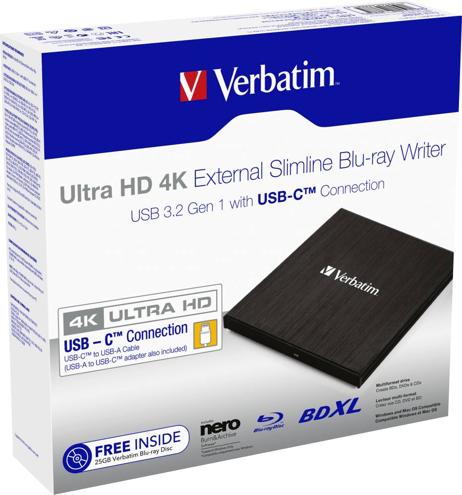 Verbatim Ultra HD 4K Blu-ray vypalovačka, USB 3.2 Gen 1, USB-C připojení. Krabice zobrazuje obrázek externího mechaniky.