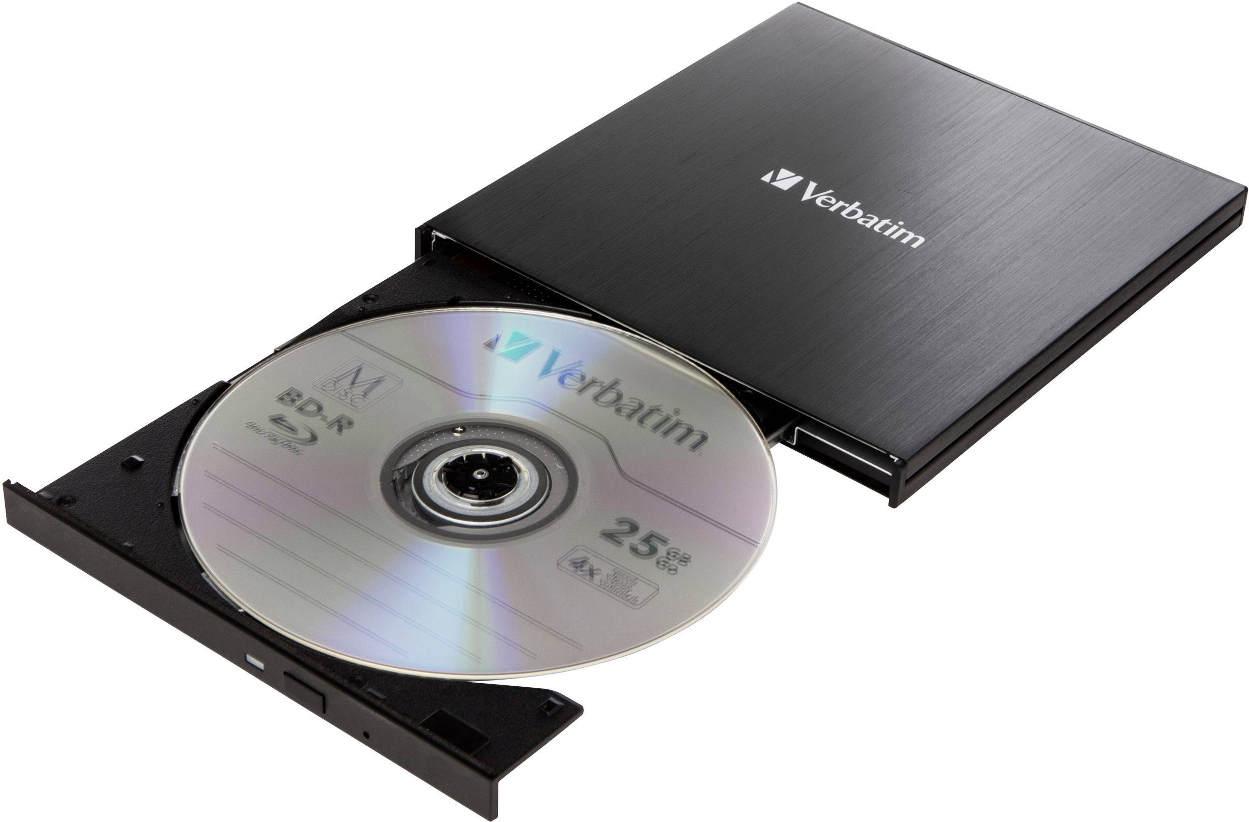 Externí jednotka s vloženým diskem Verbatim Blu-ray. Disk má kapacitu úložiště 25 GB.