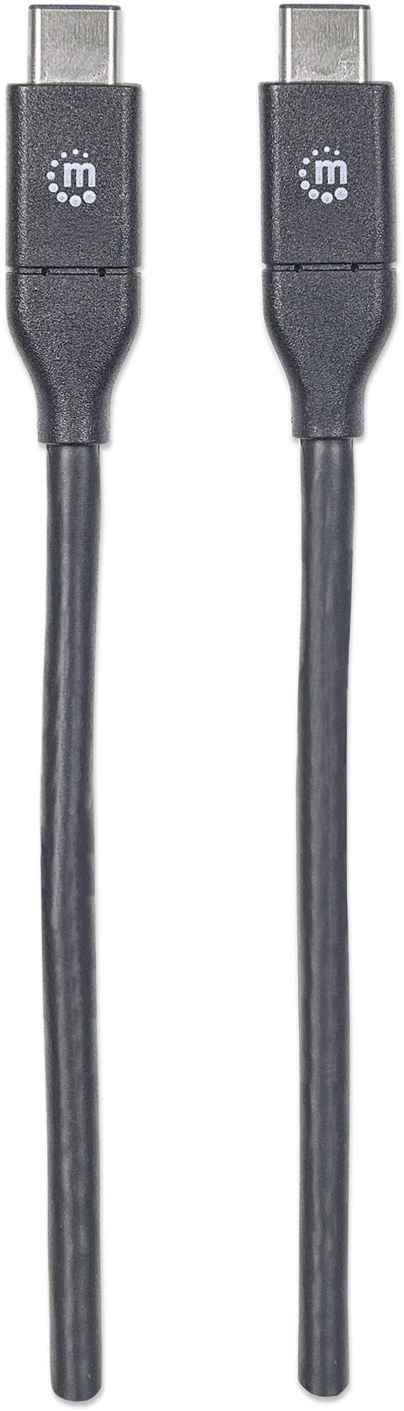 Černý USB-C kabel se dvěma identickými konektory na obou koncích, vhodný pro nabíjení nebo přenos dat.