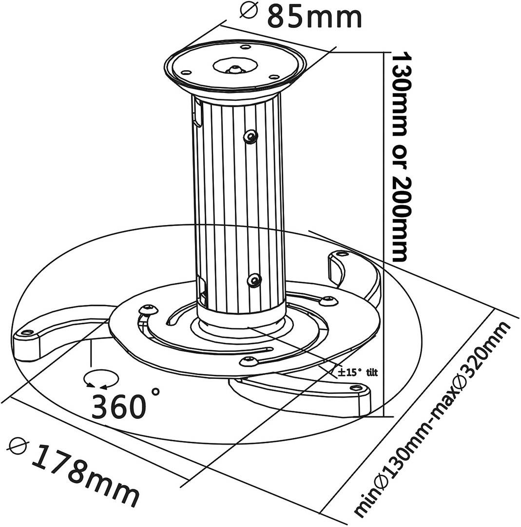 Stropní držák pro projektor s nastavitelnou výškou (130 mm nebo 200 mm) a náklonem až ±15°. Otočný o 360°, montážní průměr 320 mm.