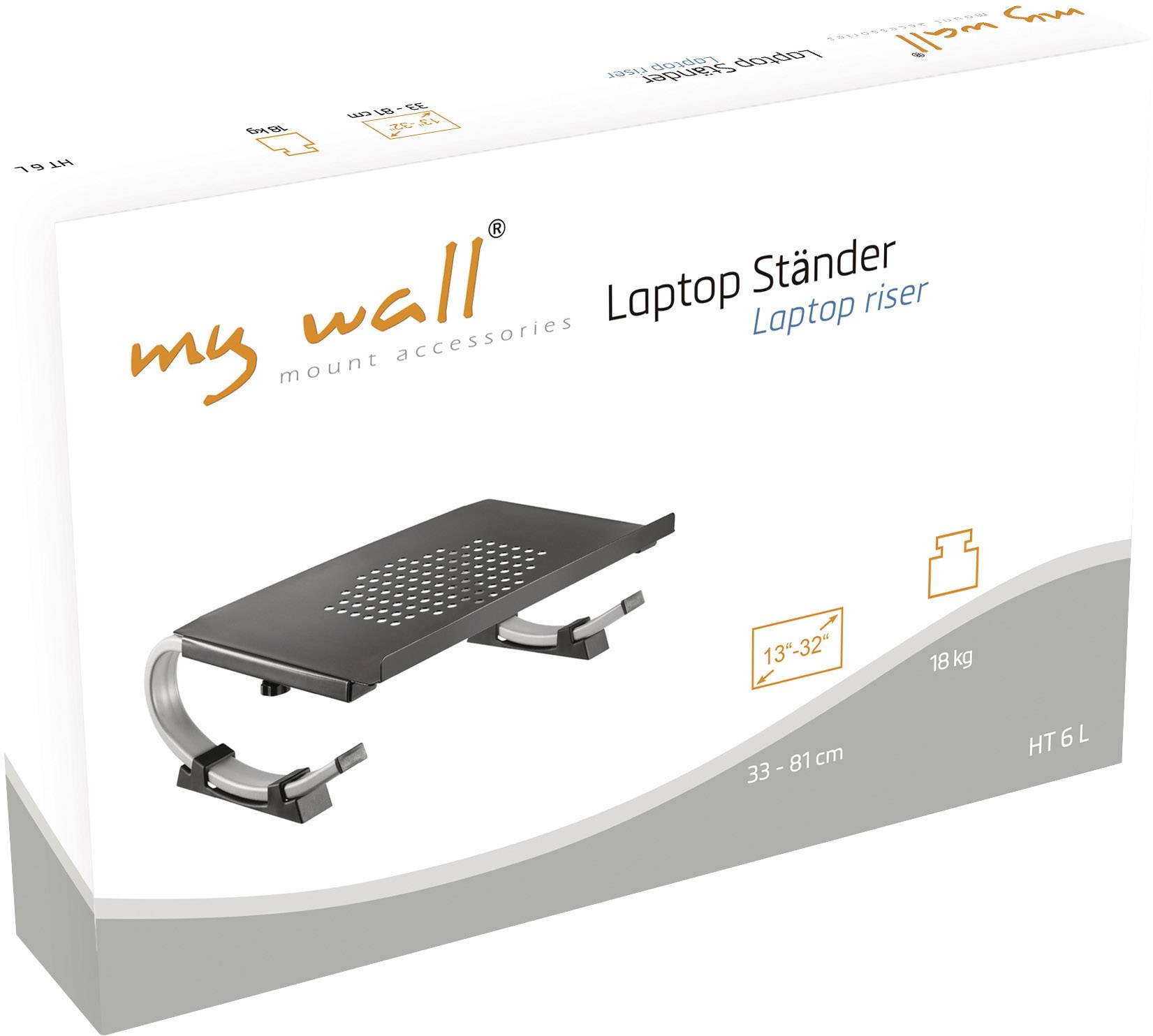 Stojan na notebook 'my wall' v kartonu. Vhodný pro zařízení 13"-32", nosnost: 18 kg, výškově nastavitelný 33-81 cm.