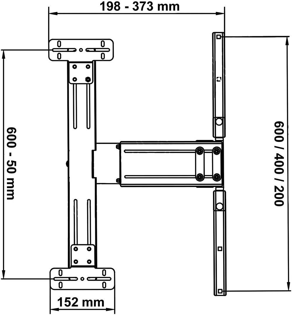 Technický výkres nastavitelného držáku s rozměry: šířka 198–373 mm, výška 600–950 mm, hloubka 152 mm.