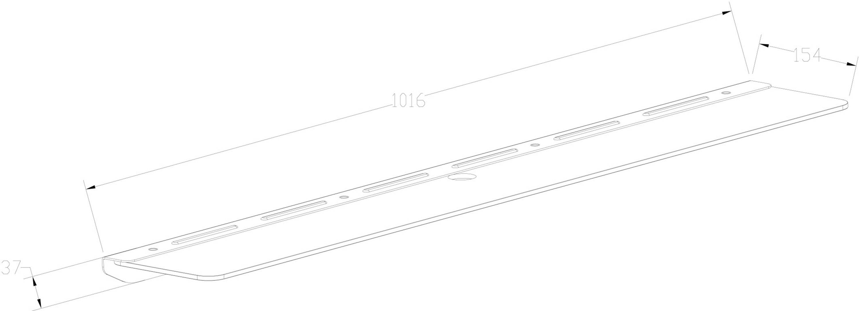 Technický výkres úzkého regálu s rozměry: délka 1016 mm, šířka 154 mm, výška 37 mm.