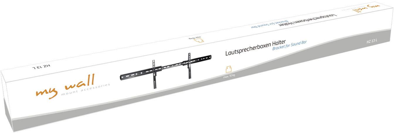 Obal držáku reproduktoru od značky 'my wall' zobrazuje montážní konzoli pro soundbar.