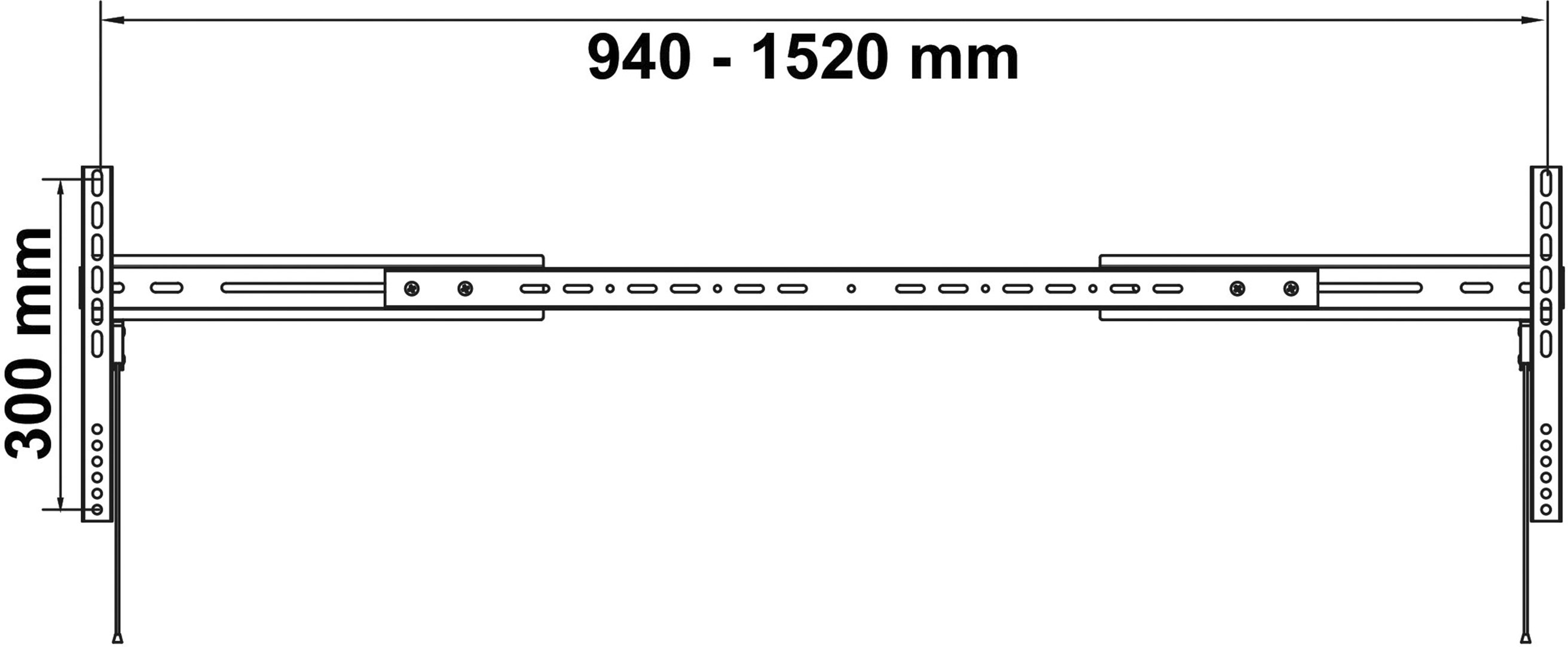 Obrázek znázorňuje nastavitelný kovový držák o šířce 940 až 1520 mm a výšce 300 mm.
