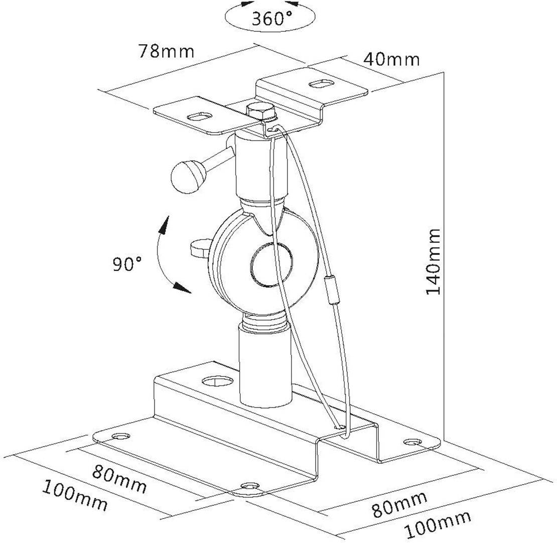 Technický výkres nastavitelného držáku s 360° rotací a 90° náklonem, s rozměry: 140 mm výška, 78 mm šířka, 80 mm hloubka.