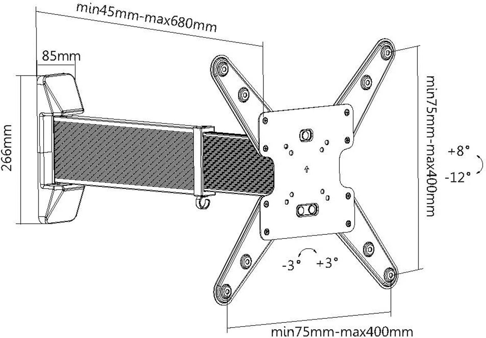 Montážní návod pro nástěnný držák TV; uvádí rozměry; šířka 45-680 mm, výška 75-400 mm, náklon -12° až +8°, otočení ±3°.