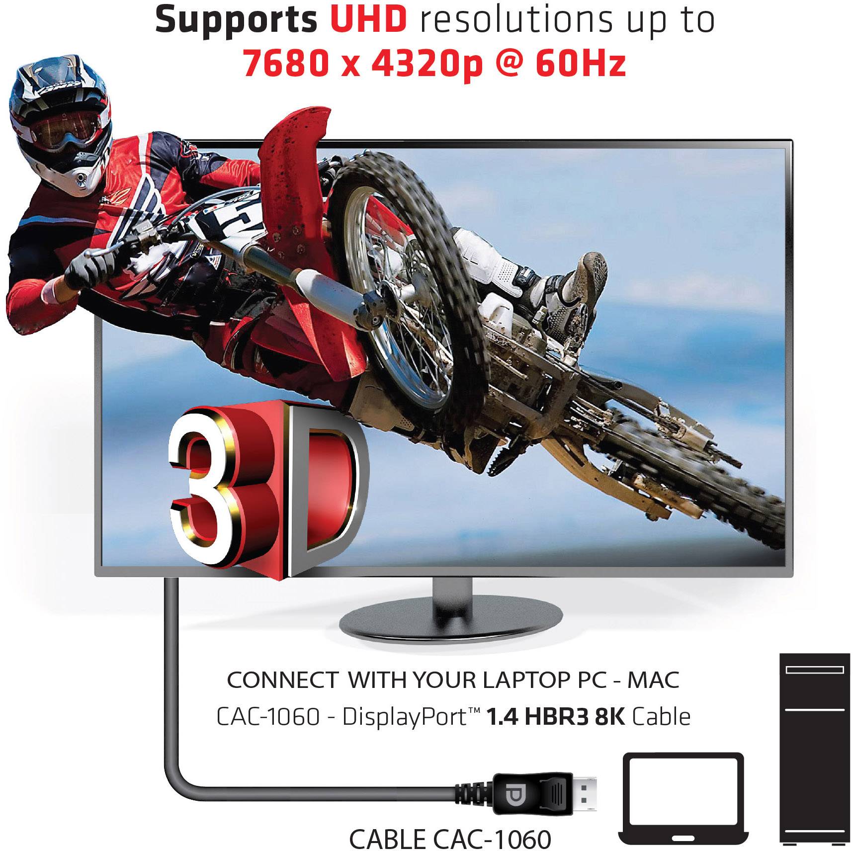 Motocyklista skáče s motokrosovým motocyklem. Monitor zobrazuje '3D'. Text: 'Podporuje UHD rozlišení až 7680 x 4320p @ 60Hz'. Připojení pomocí DisplayPort 1.4 HBR3 8K kabelu.