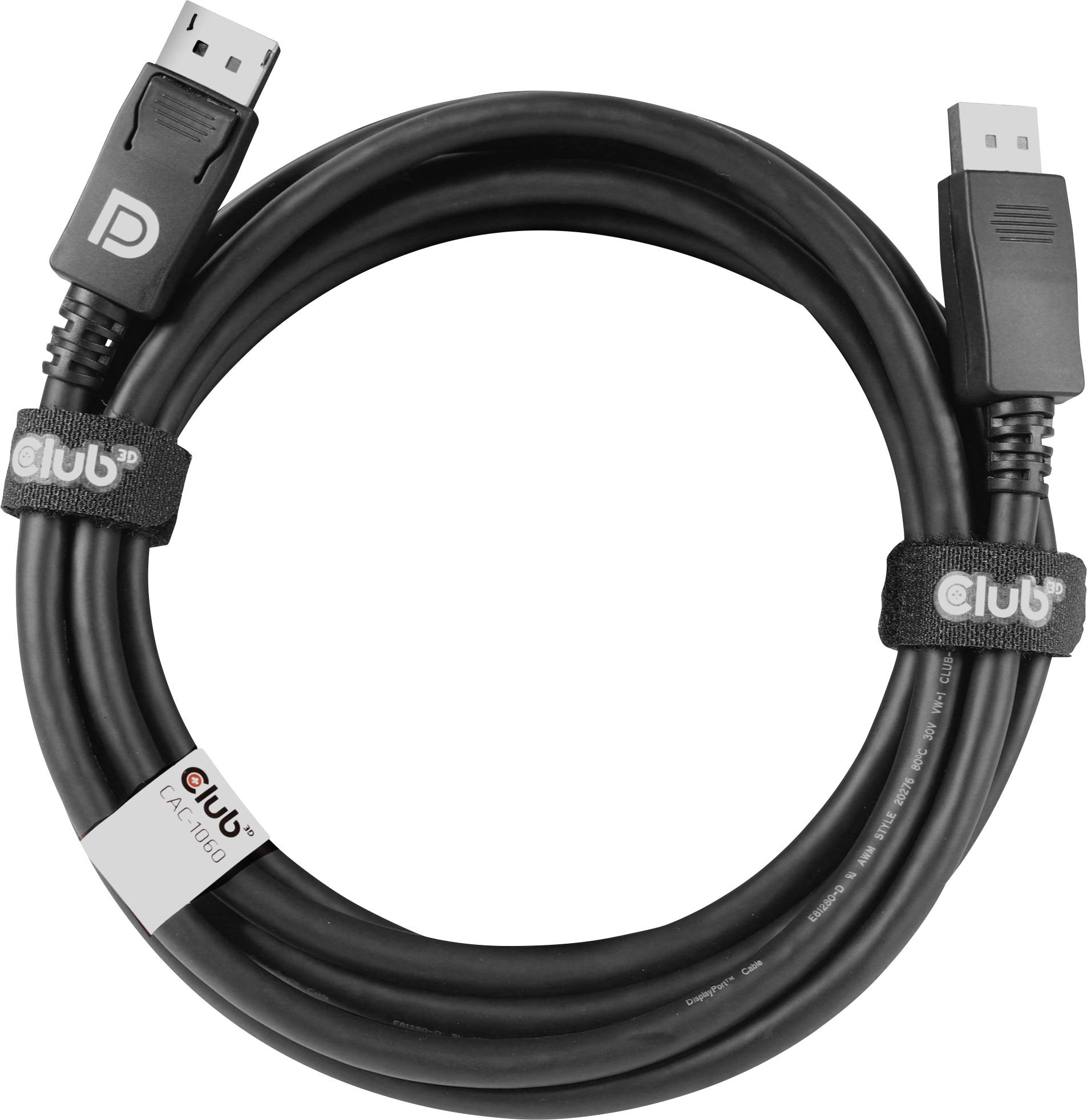 Černý DisplayPort kabel se dvěma konektory a pásky pro vedení kabeláže. Vhodný pro připojení zobrazovacích zařízení.
