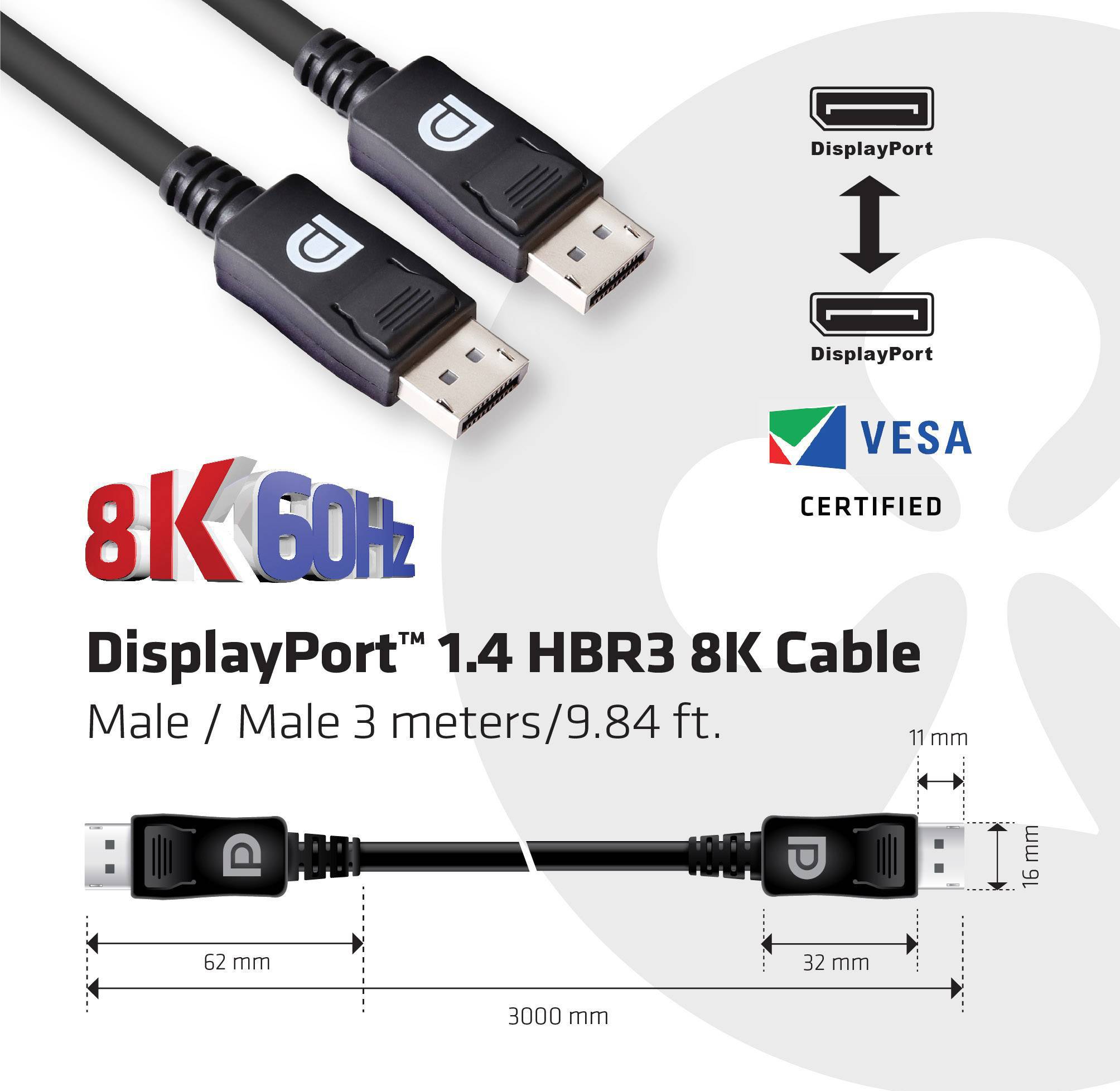 DisplayPort 1.4 kabel: Podporuje 8K při 60 Hz, certifikováno VESA. Délka 3 metry. Zobrazuje rozměry konektoru a kabelu.
