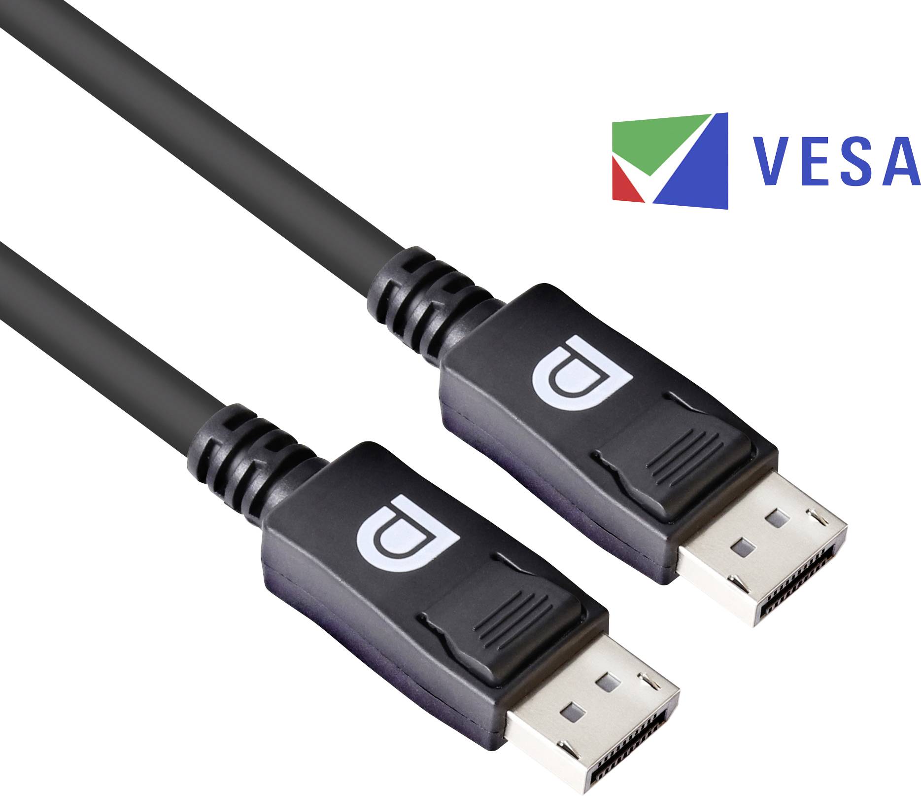 Dva černé DisplayPort kabely se zástrčkou a logem organizace standardizující zobrazovací technologie.