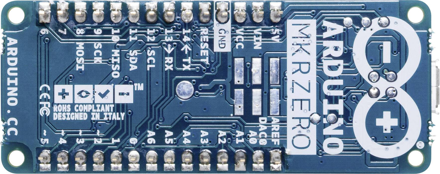 Arduino MKR Zero mikrořadič s několika rozhraními a piny, používaný pro elektronické projekty a prototypování.