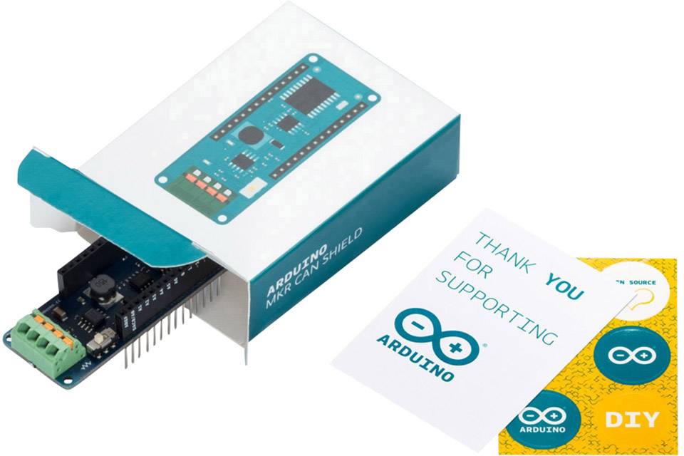 Arduino WiFi-Shield v otevřeném balení, vedle něj děkovná karta s textem "Díky za vaši podporu", logo Arduino viditelné.