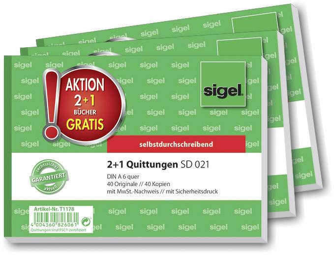 'Pokladní stvrzenky 2+1 akce', 40 originálů, 40 kopií, samopropisovací, formát A6 na šířku, bezpečnostní tisk. Značka: Sigel.
