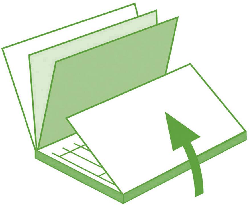 Zelený diagram zobrazuje symbol notebooku s otevřenou obrazovkou a zvýrazněný papírový dokument, který je složen nahoru.