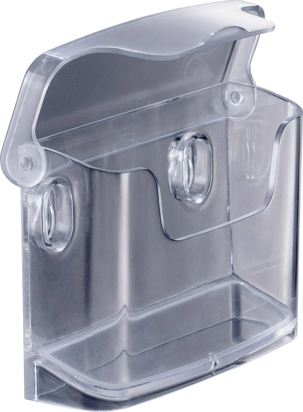 Průhledný plastový nástěnný držák s výklopným víkem, vhodný pro brožury nebo letáky.