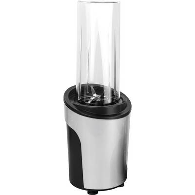 Stříbrný stolní mixér s vysokou, průhlednou nádobou. Mixér má moderní design s černým základním kruhem.