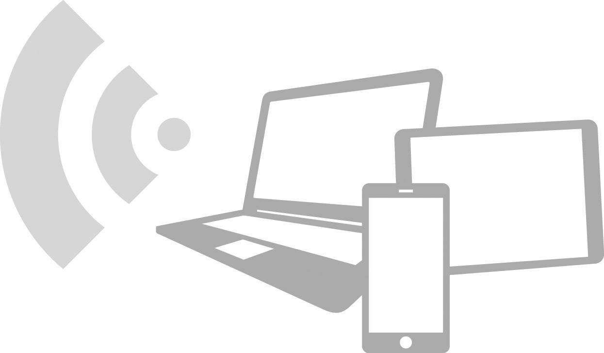 Digitální zařízení: Laptop, tablet a smartphone vedle symbolu Wi-Fi, což poukazuje na bezdrátové připojení.