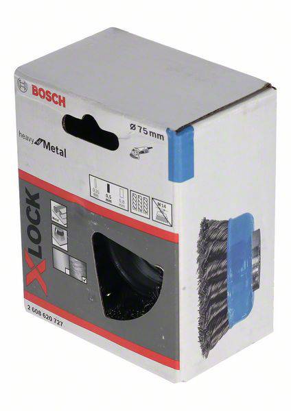Balení drátěného kartáče Bosch X-Lock pro úhlovou brusku. Vhodný pro obrábění kovů, průměr 75 mm, s ocelovým drátem.