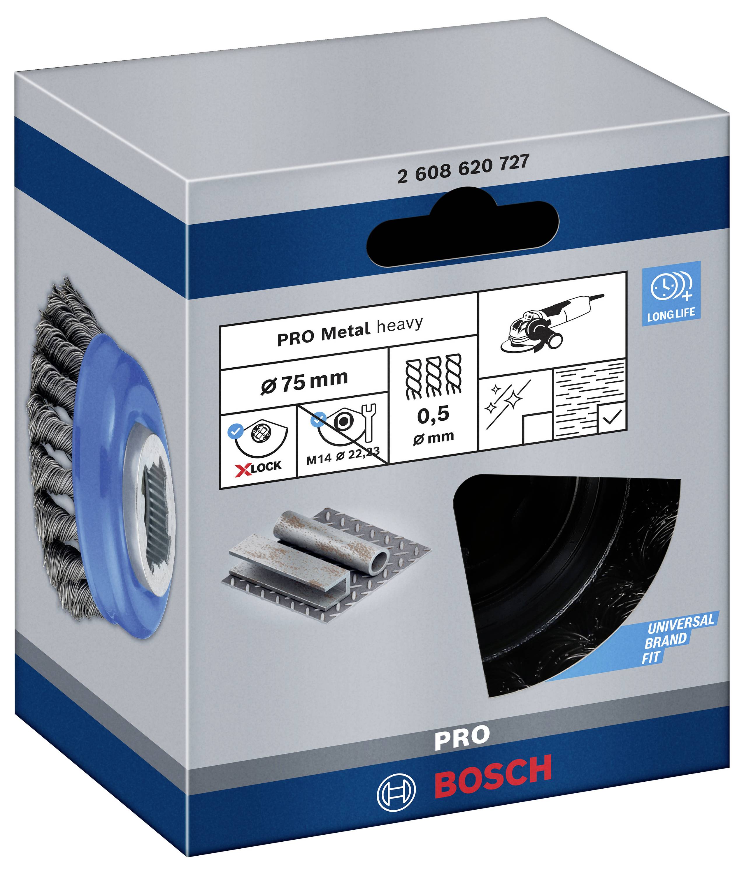 Balení kartáčové hlavy 'Bosch PRO Metal heavy', zobrazuje drátěný kartáčový nástavec pro brusky. Údaje: Ø75 mm, 0,5 drát.