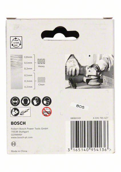 Obal na brusný papír značky Bosch. Symbolicky znázorňuje různé hrubosti zrn (0,8 mm až 0,1 mm) a jejich použití (Heavy, Clean). Obsahuje čárové kódy a výrobní informace.