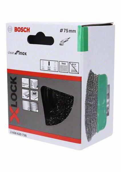 Balení čisticího kartáče Bosch, 75 mm. Zobrazuje oblasti použití a kompatibilitu materiálů. Obsahuje logo 'X-LOCK'.