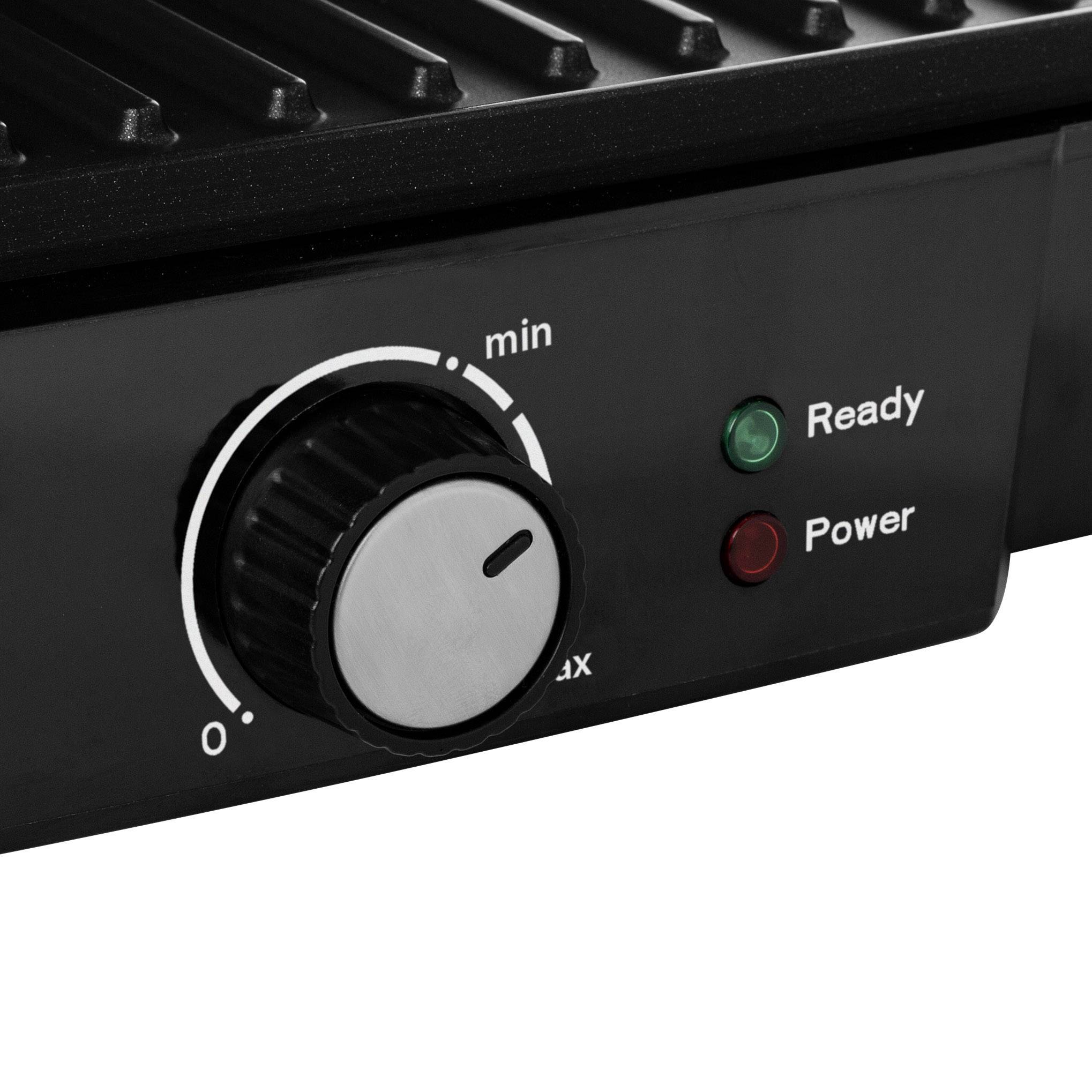 Detailní záběr elektrického grilu s regulátorem teploty a provozními kontrolkami. Texty 'Ready' a 'Power' zobrazují provozní stav.