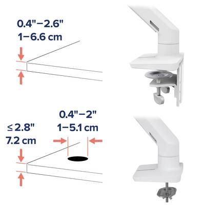 'Horní oddíl ukazuje rozsah svorky od 0,4" do 2,6" (1 až 6,6 cm), spodní oddíl ukazuje hloubky šroubů ≤2,8" (7,2 cm) a 0,4" až 2" (1 až 5,1 cm).'