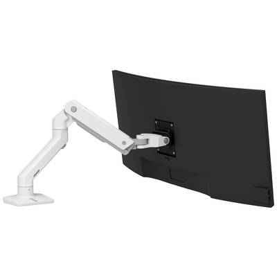 Černý monitor s zakřivenou obrazovkou je připevněn na nastavitelném bílém kloubovém rameni.