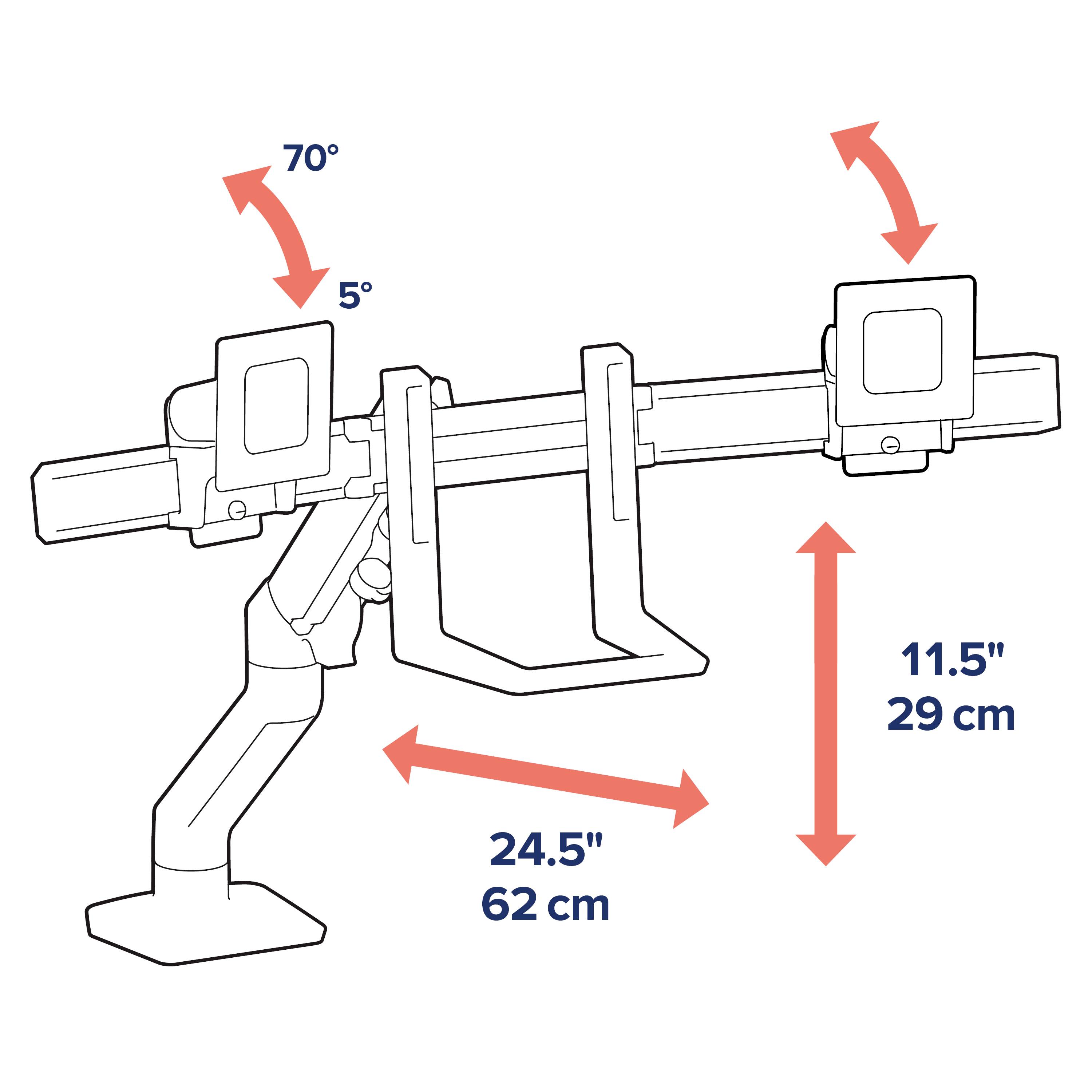 Graf zobrazuje monitorový rameno s úhly nastavení 70° nahoru a 5° dolů, šířkou 62 cm a výškou 29 cm.
