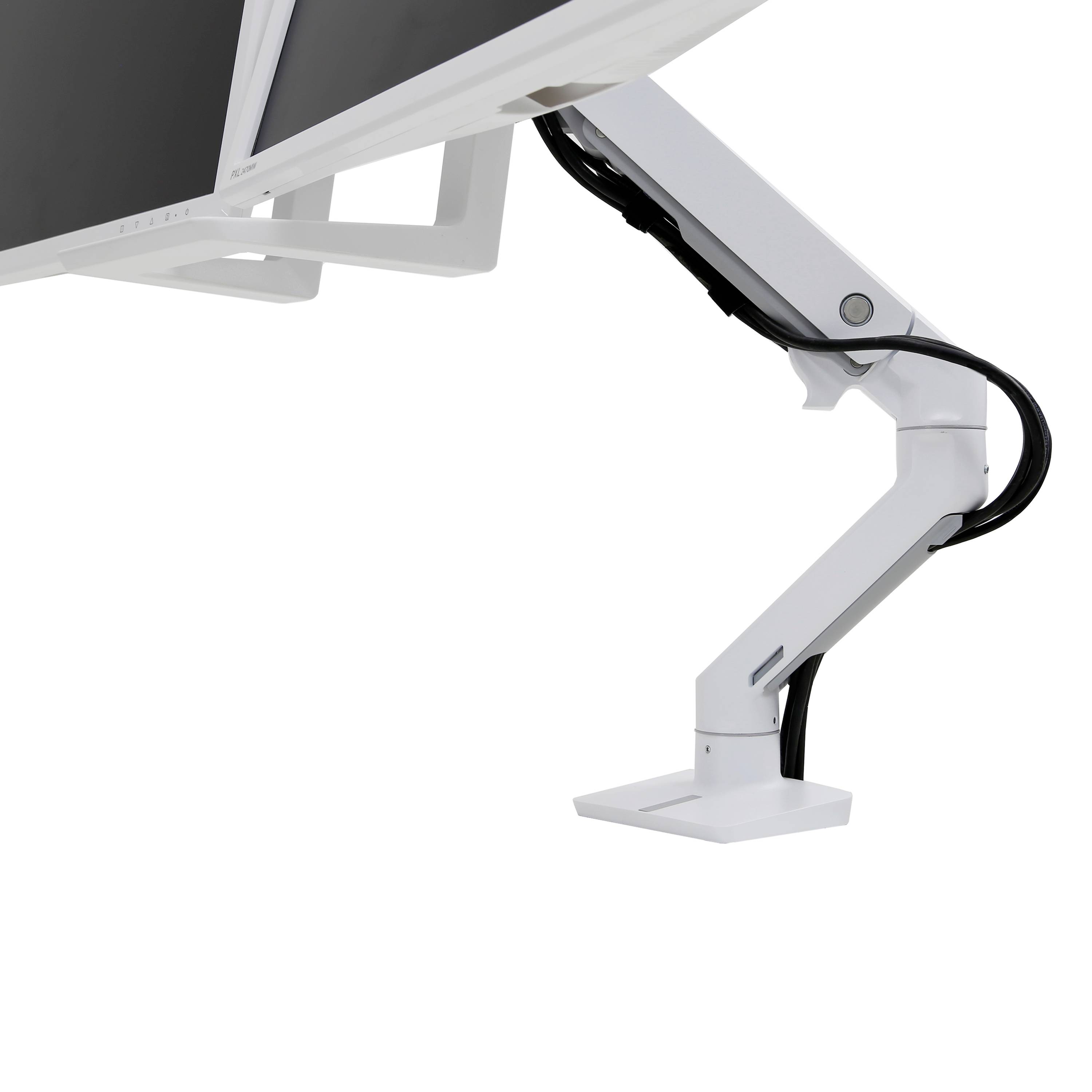 Bílé robustní kovové rameno monitoru, které drží dva displeje. Rameno je nastavitelné a zajišťuje ergonomické umístění.