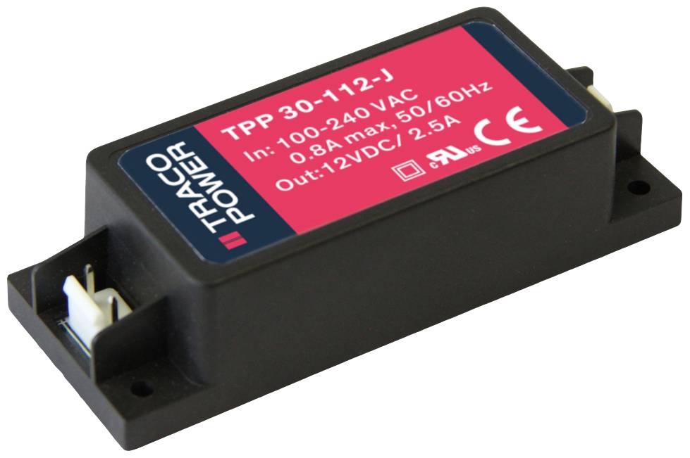 Černý napájecí model TRACO POWER TPP 30-112-J, vstup: 100-240VAC, výstup: 12VDC/2.5A, soulad s CE.