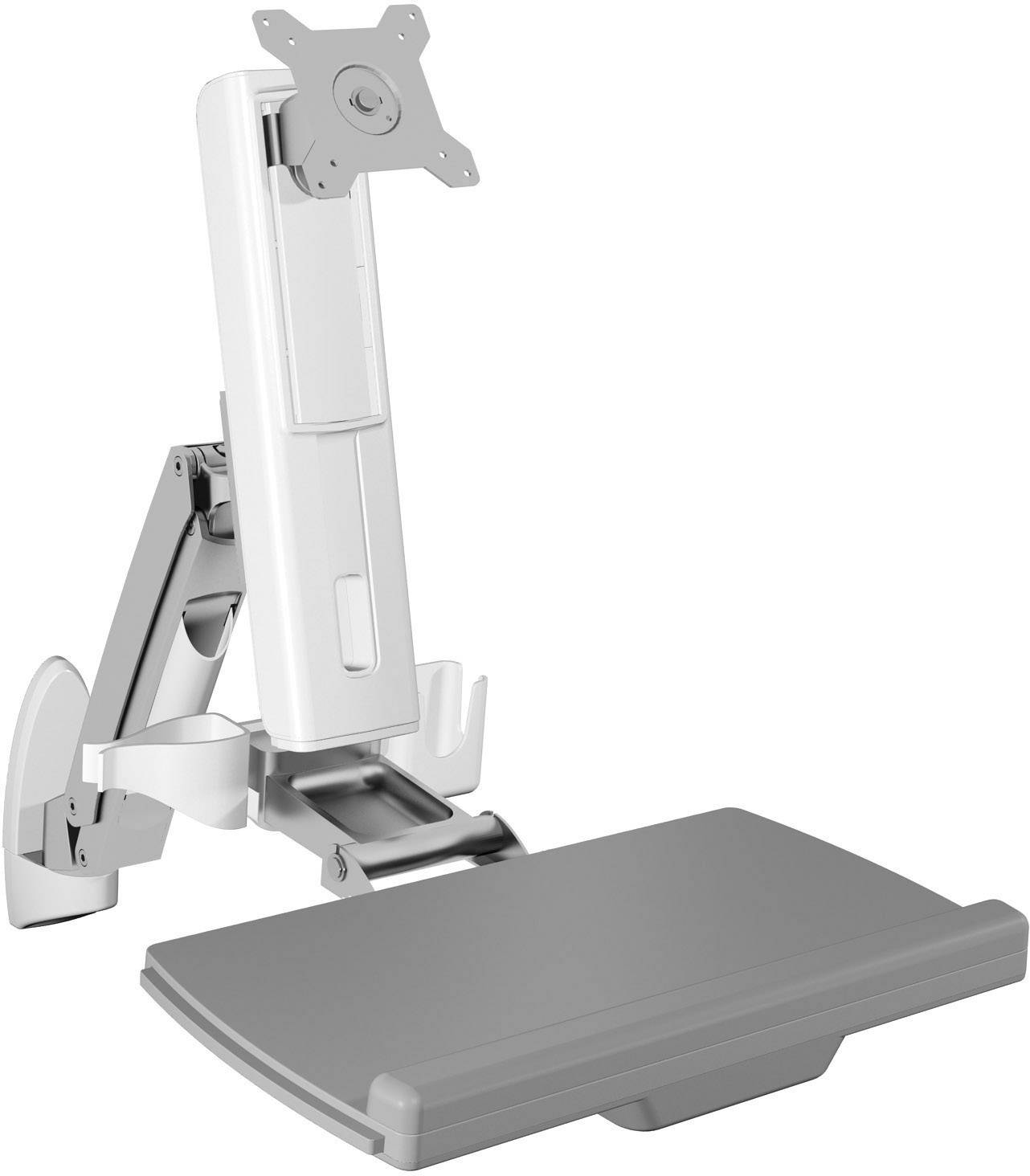Nastavitelné rameno monitoru s připevněnou odkládací plochou, ideální pro ergonomické umístění obrazovky a klávesnice.
