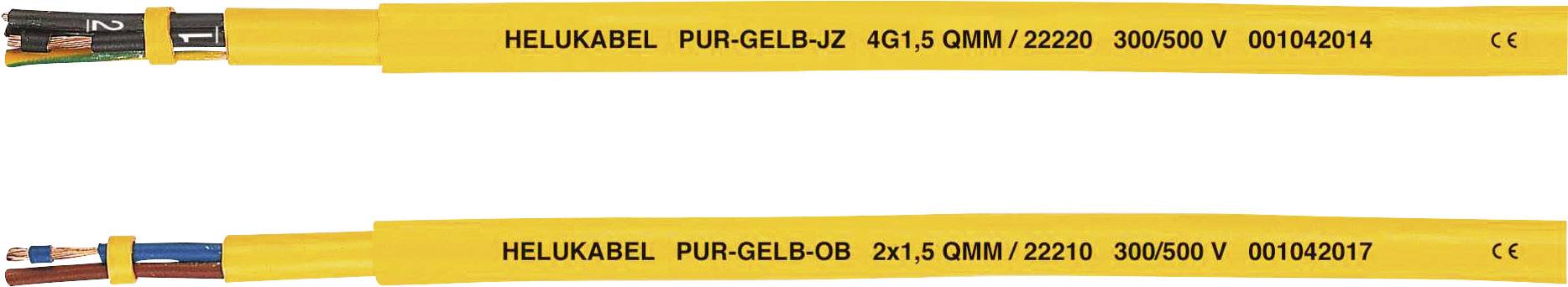Dva kabely Helukabel s nápisy: 'PUR-ŽLUTÁ-JZ 4G1,5 QMM' a 'PUR-ŽLUTÁ-OB 2x1,5 QMM', žluté opláštění, elektrické kabely.