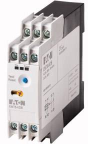 Elektrické monitorovací relé Eaton, model EMR6, s několika možnostmi připojení a testovacím/resetovacím tlačítkem.