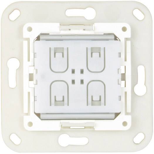 Bílý podomítkový vypínač čtvercového tvaru, používaný pro elektrickou instalaci, s několika upevňovacími otvory.