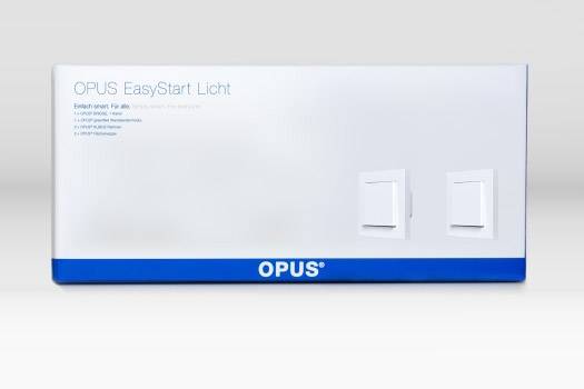 Obal spínače světla s nápisem 'OPUS EasyStart Světlo'. Dvě vyobrazení spínačů světla jsou zobrazeny na pravé straně.