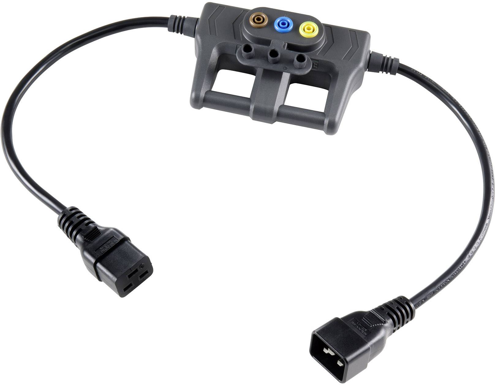 Černý elektrický kabel se dvěma různými zástrčkami a centrálním rozvaděčem s barevně označenými přípojkami.