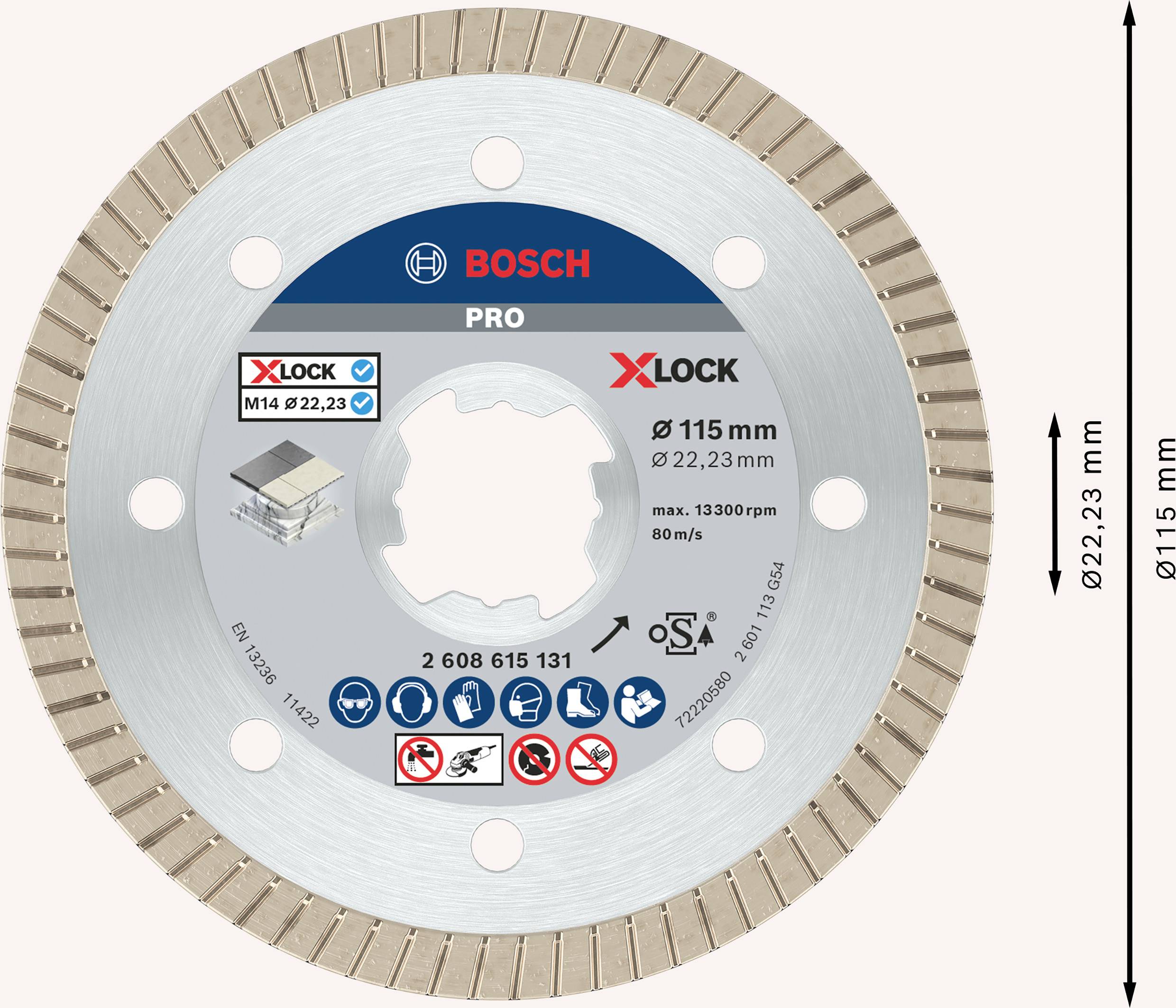 Obrázek řezného kotouče Bosch, model X-LOCK PRO, průměr 115 mm. Vhodný pro materiály jako beton. Max. 13.300 ot./min.