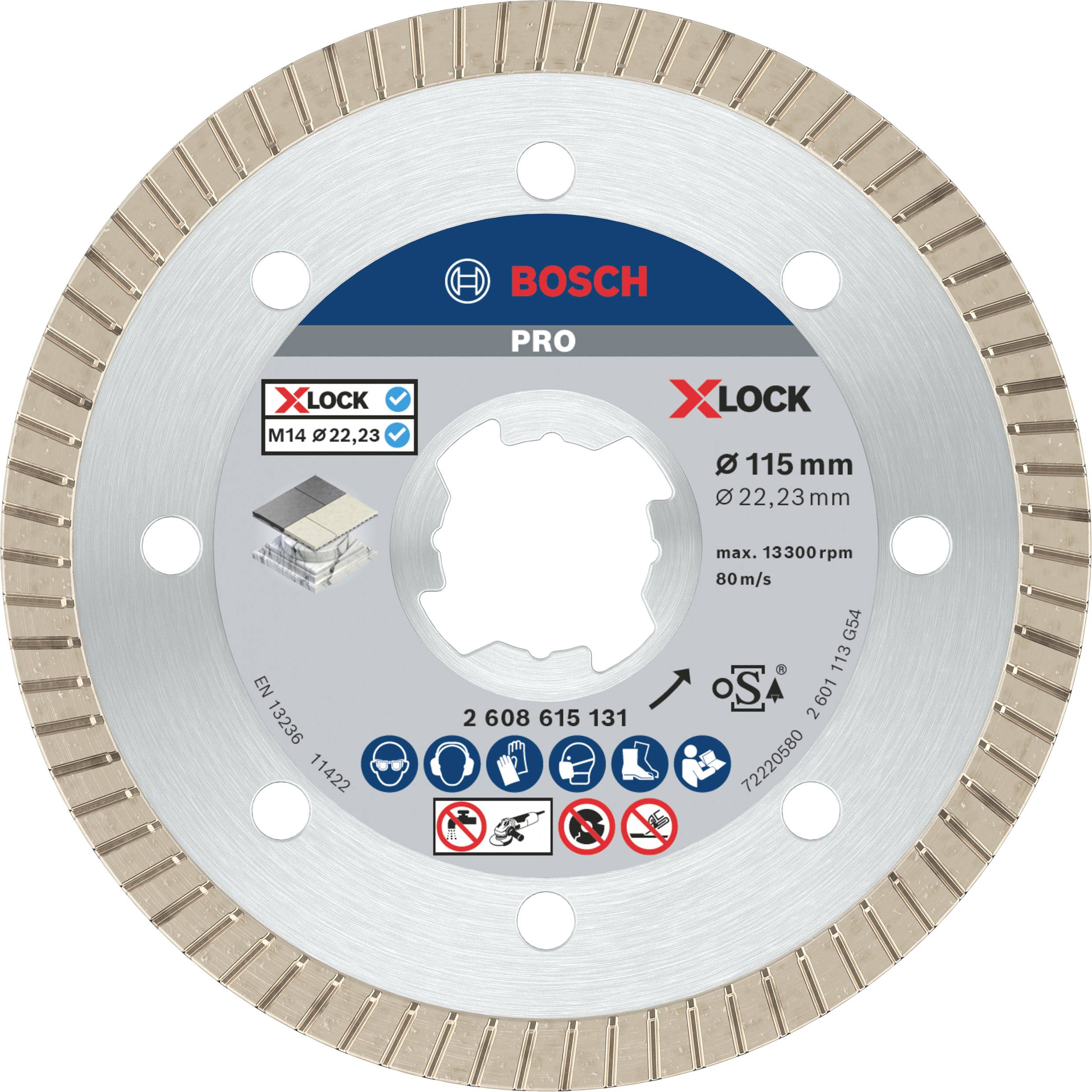 Řezný kotouč Bosch X-LOCK Pro, průměr 115 mm, max. 13 300 ot./min, s vyznačenými logy bezpečnostních pokynů, vzorem řezu na okraji.