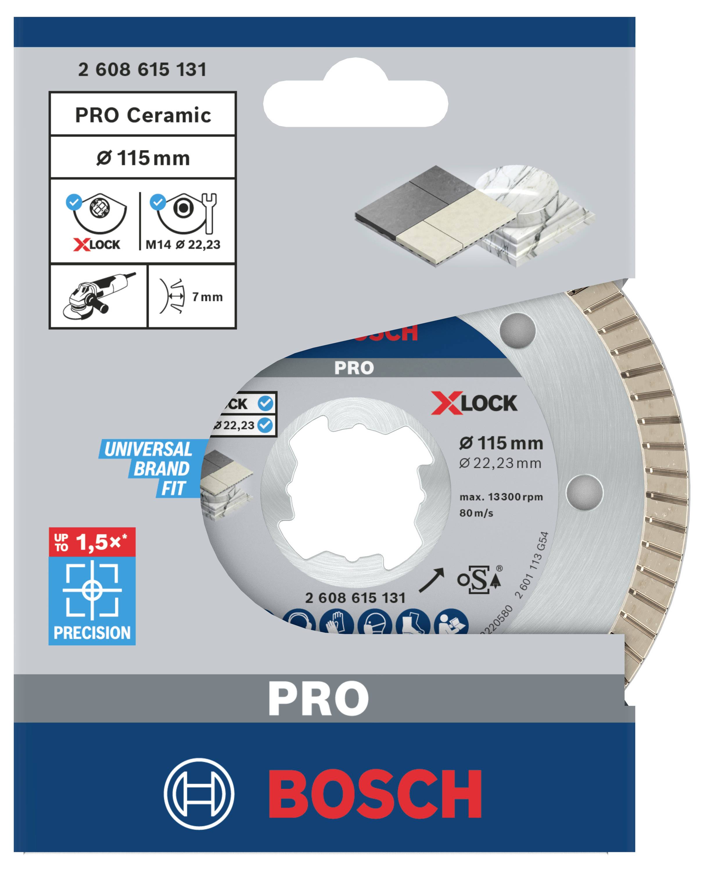 Bosch PRO keramický řezný kotouč s X-LOCK pro Ø 115 mm, vhodný pro přesné práce. Obal ukazuje příklady použití.