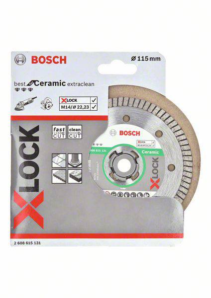 Balení s diamantovým řezacím kotoučem Bosch X-Lock pro keramiku. Vhodný pro rychlé a čisté řezy. ø 115 mm.